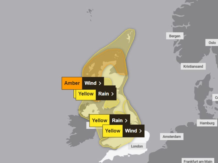 A Met Office map shows where warnings are in place