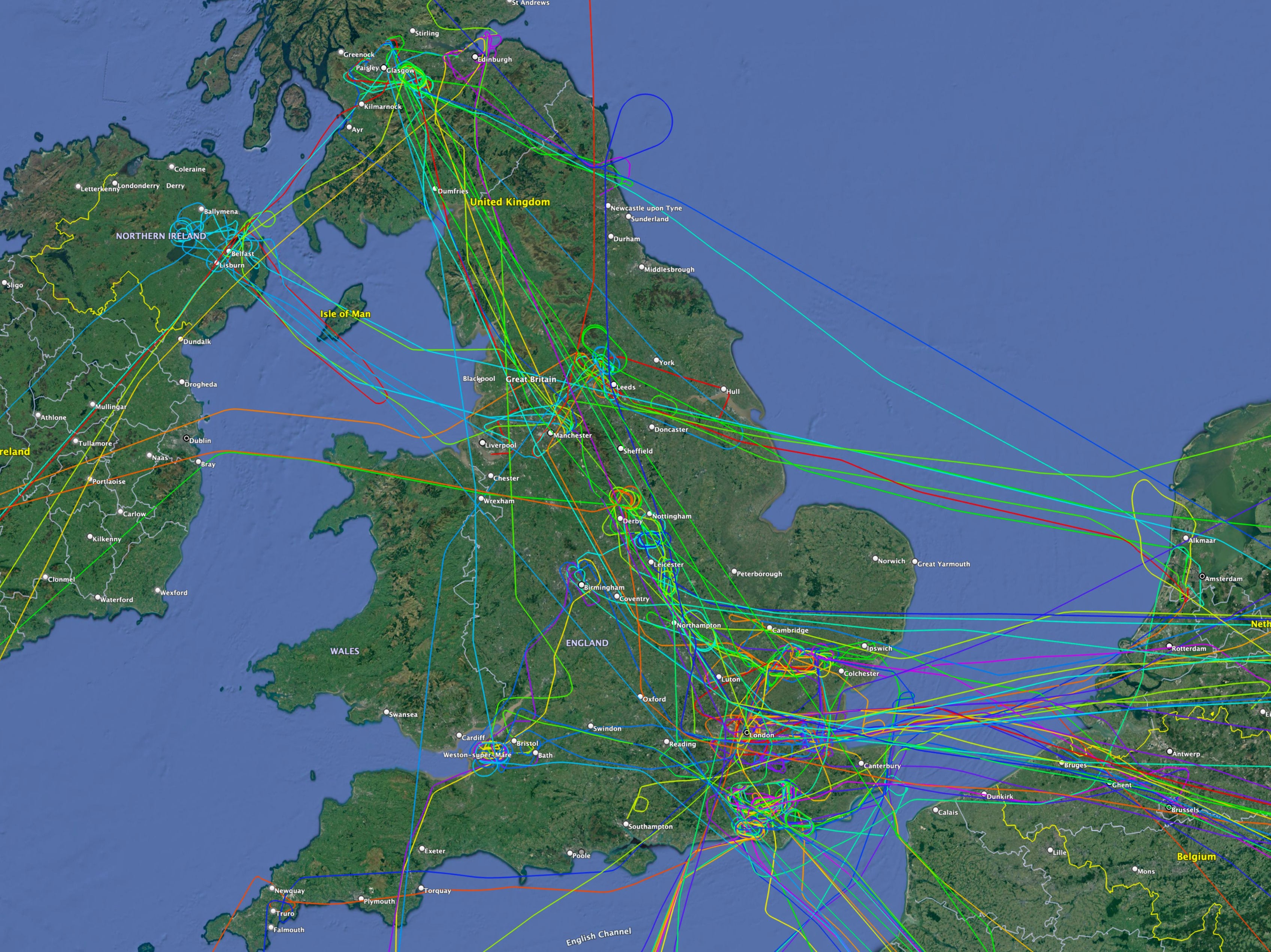 Knitting pattern? Paths of all the flights that were diverted on Sunday evening