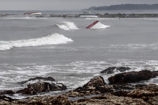 <p>This picture shows a capsized boat along the coast in an area affected by tsunami waves in the town of Misaki in Suzu city, Ishikawa prefecture on January 7, 2024, after a major 7.5 magnitude earthquake struck the Noto region on New Year’s Day</p>