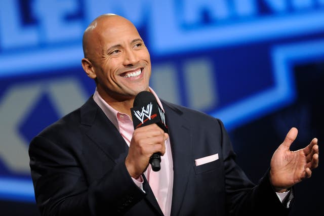 <p>FILE - Actor and former WWE Superstar Dwayne ‘The Rock’ Johnson participates in a Wrestlemania XXVII press conference</p>
