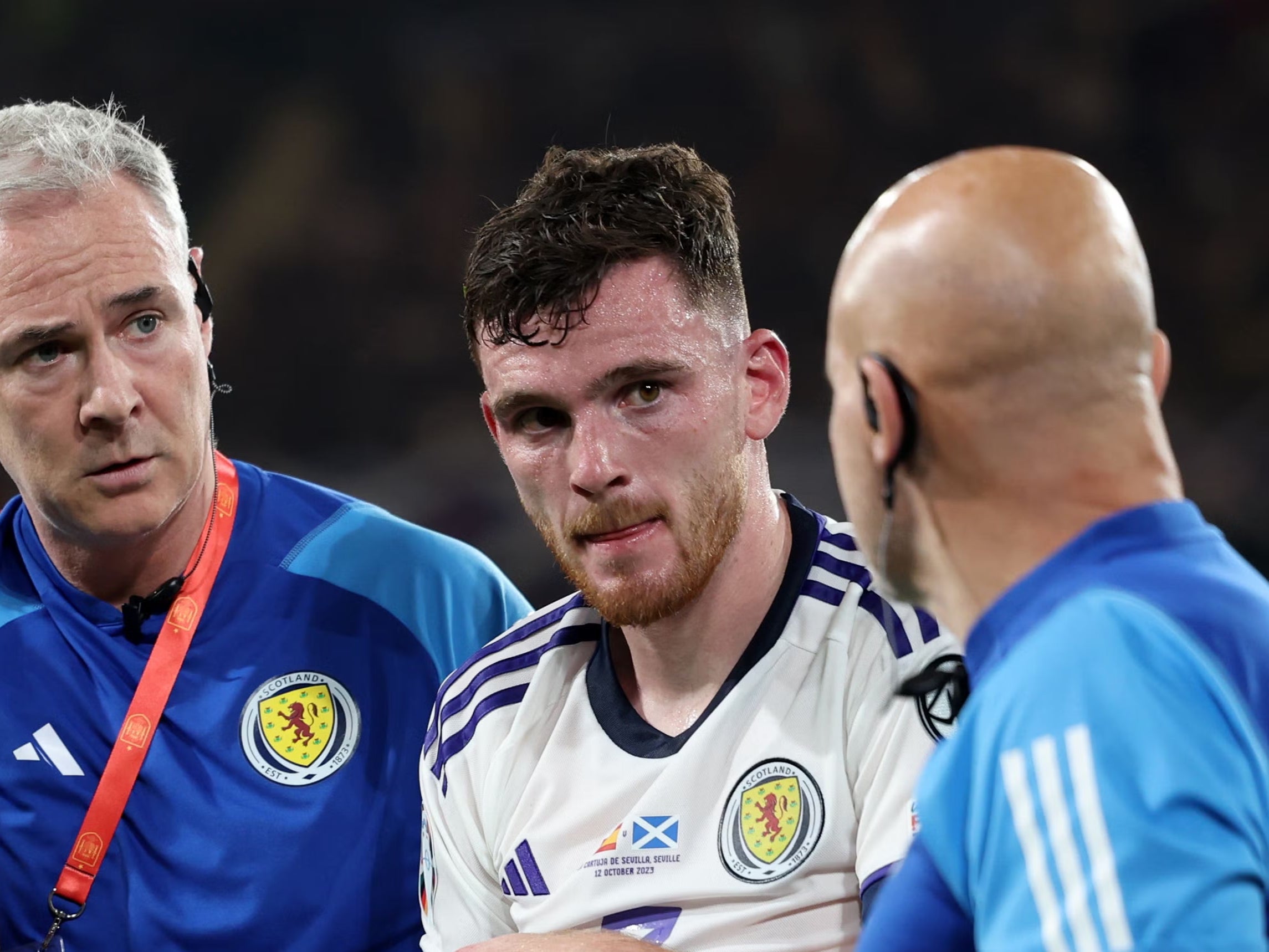 Andy Robertson faces a lay-off with a shoulder injury while playing for Scotland (Isabel Infantes/PA)