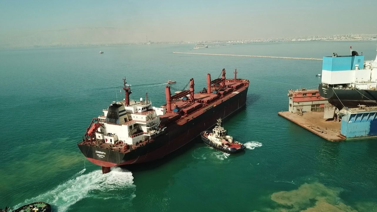 The Greek-owned bulk carrier 'Zografia' at the Suez Shipyard Company in Ismailia, Egypt, where it is undergoing repair work on the damage caused by a Houthi missile strike in the Red Sea