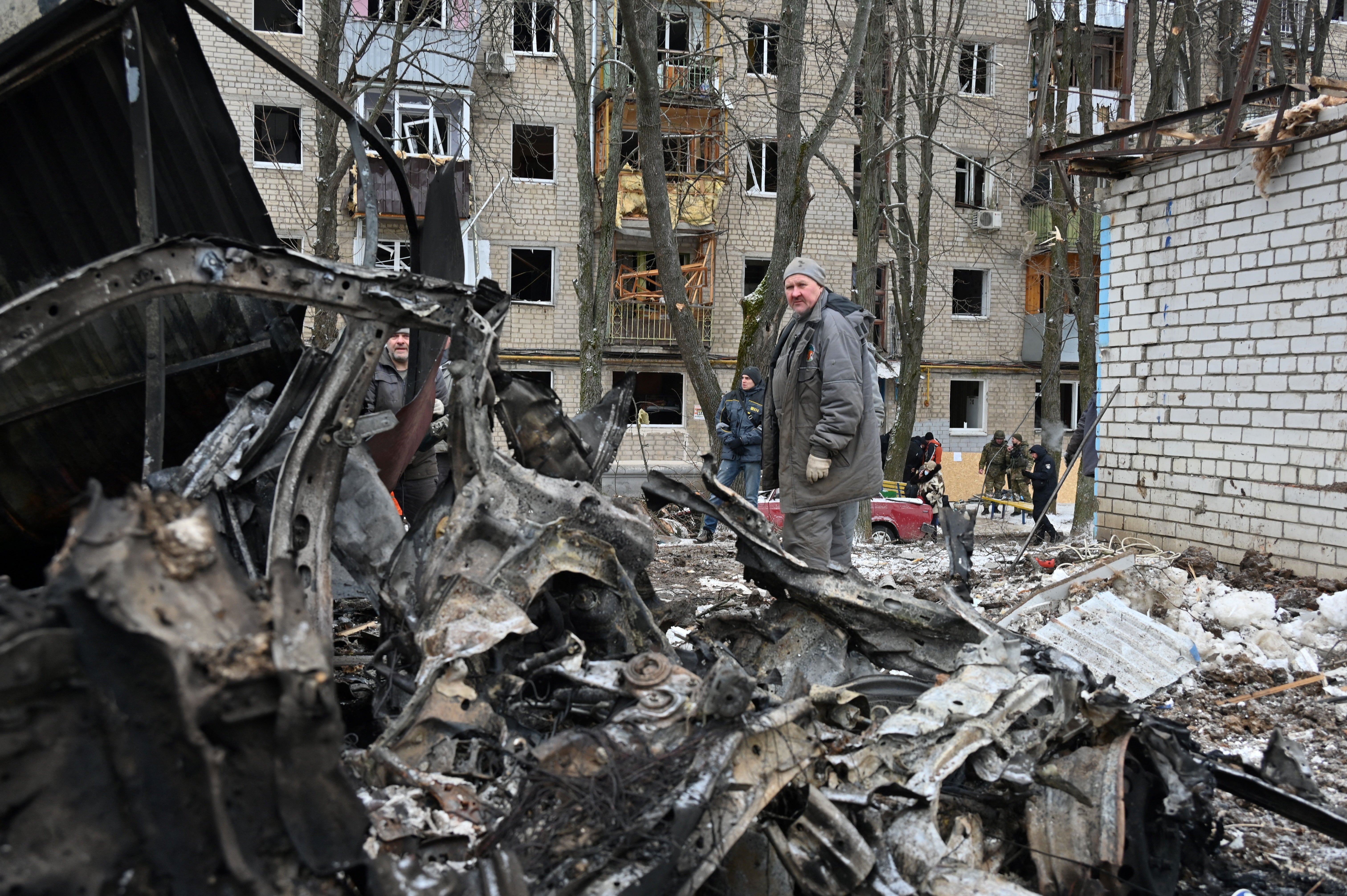 A residential building damaged from a missile attack in Kharkiv on Tuesday