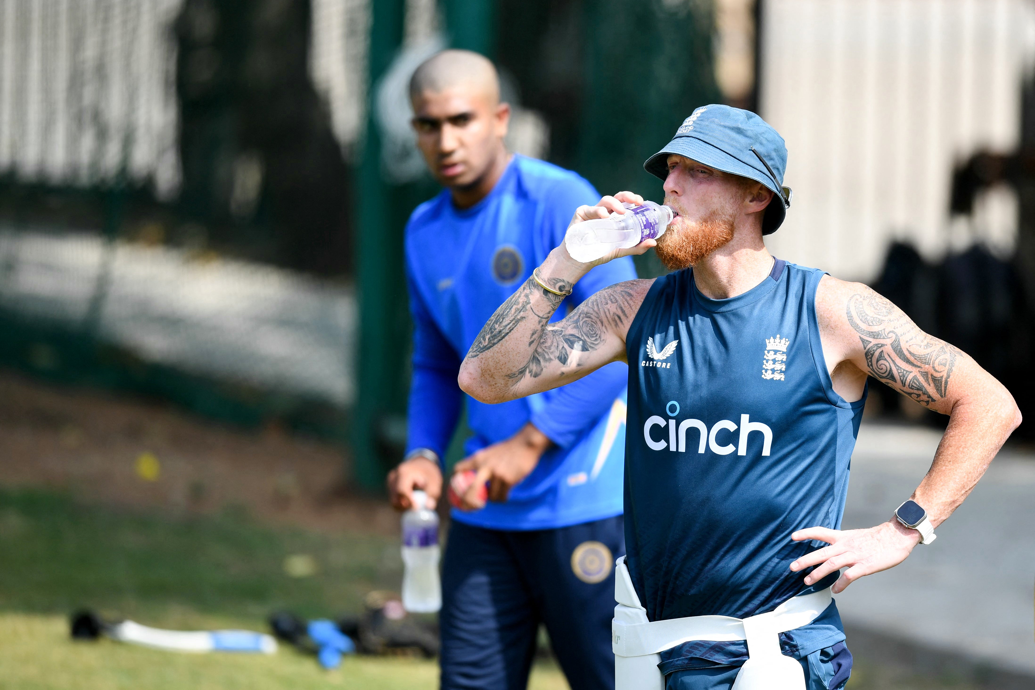 England’s captain Ben Stokes drinks water during a practice session in Hyderabad