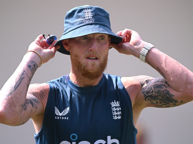 <p>England captain Ben Stokes looks on during the England Net Session at Rajiv Gandhi International Stadium</p>