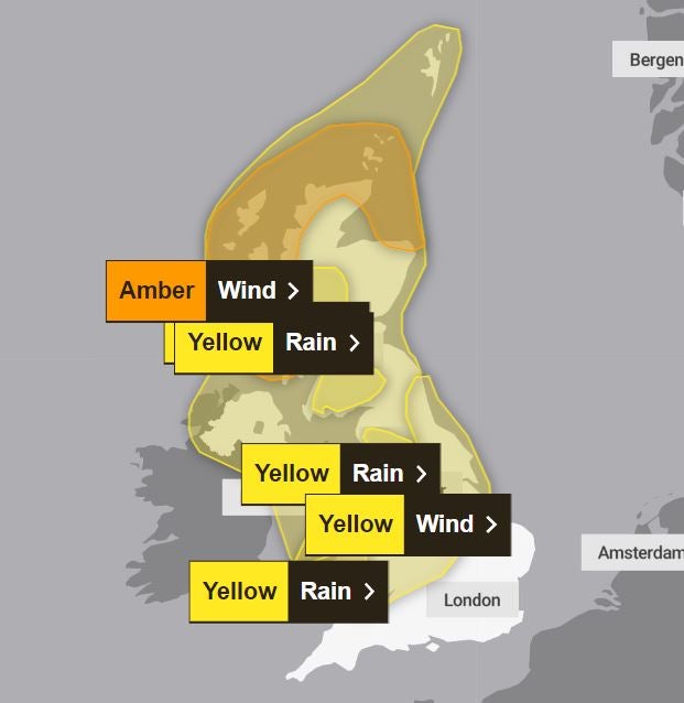 The Met Office has issued amber and yellow weather warnings for wind covering much of the country