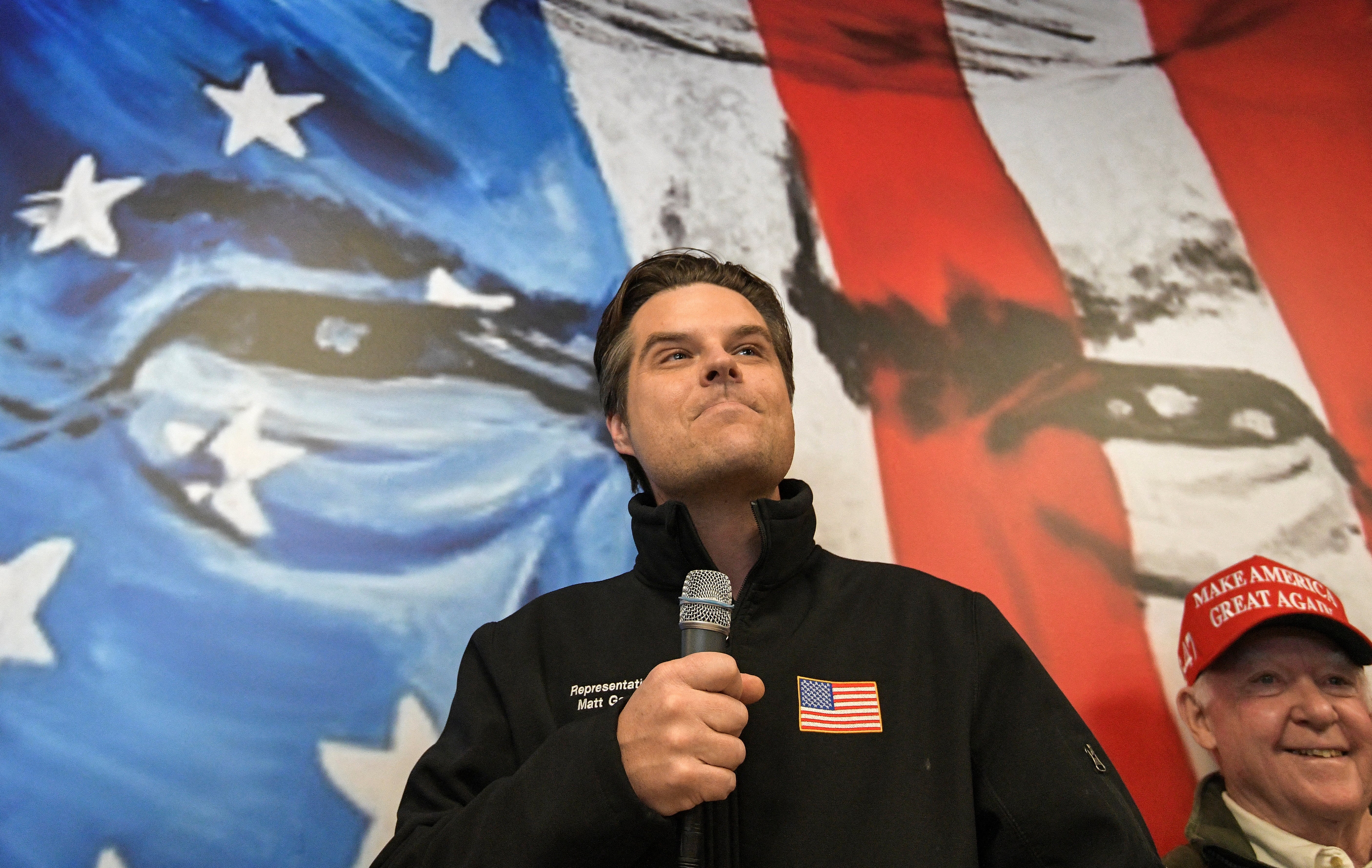 <p>Matt Gaetz greets supporters at the New Hampshire campaign headquarters of Republican presidential candidate and former U.S. President Donald Trump ahead of the New Hampshire presidential primary election in Manchester, New Hampshire, 21 January 2024</p>