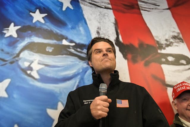 <p>U.S. Representative Matt Gaetz (R-FL) greets supporters at the New Hampshire campaign headquarters of Republican presidential candidate and former U.S. President Donald Trump ahead of the New Hampshire presidential primary election in Manchester, New Hampshire, U.S. January 21, 2024</p>