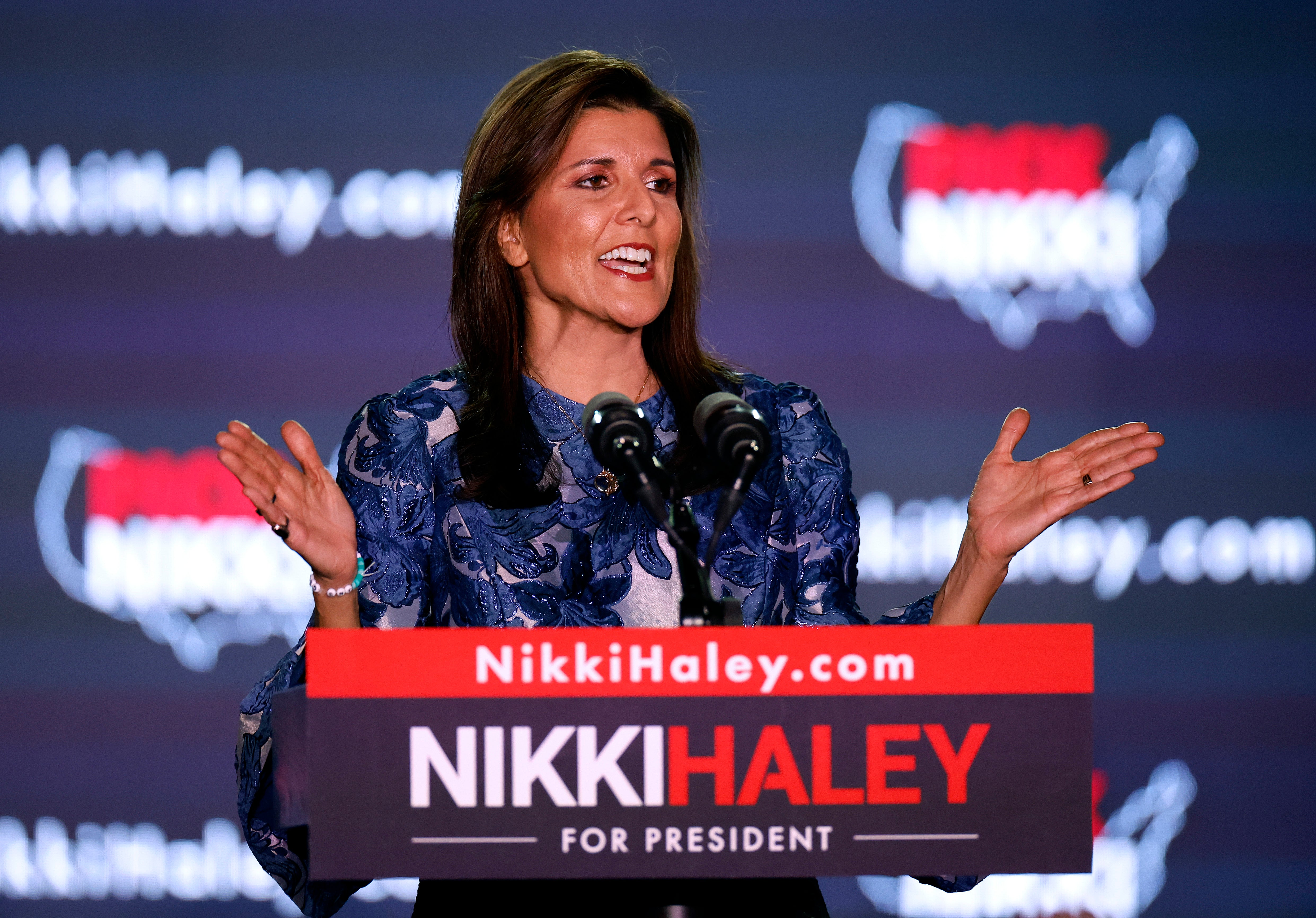 Republican presidential candidate former U.N. Ambassador Nikki Haley delivers remarks at her primary night rally at the Grappone Conference Center on January 23, 2024 in Concord, New Hampshire