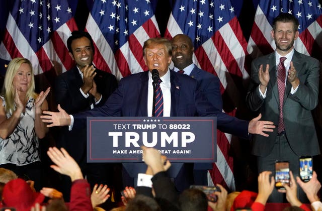 <p>Republican presidential hopeful and former US President Donald Trump speaks during an Election Night Party in Nashua, New Hampshire</p>