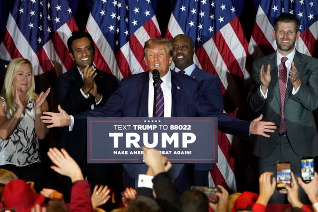 <p>Republican presidential hopeful and former US President Donald Trump speaks during an Election Night Party in Nashua, New Hampshire</p>