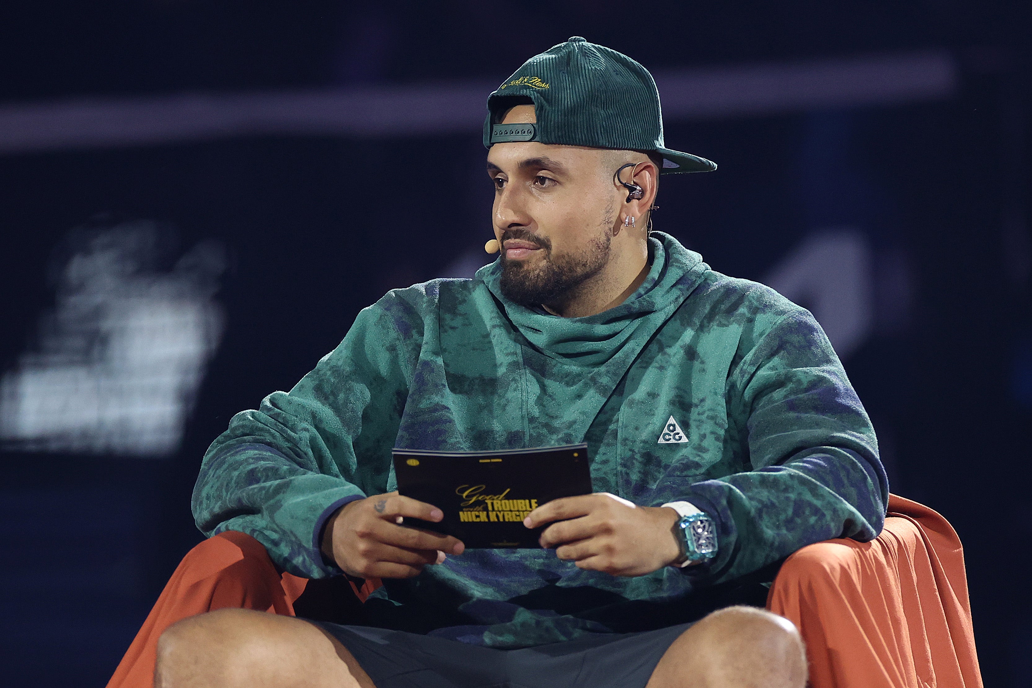 <p>Nick Kyrgios has been doing media work during the Australian Open while injured </p>