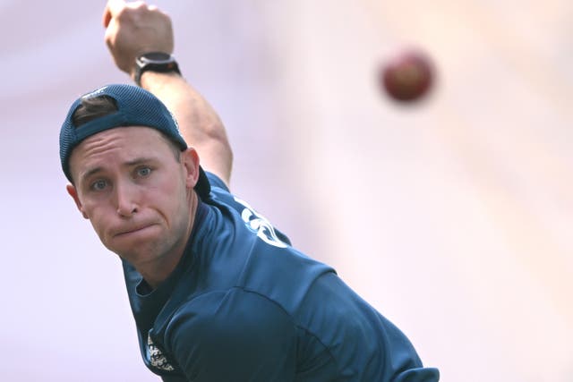 <p>Tom Hartley in bowling action in the nets this week, before the first Test </p>