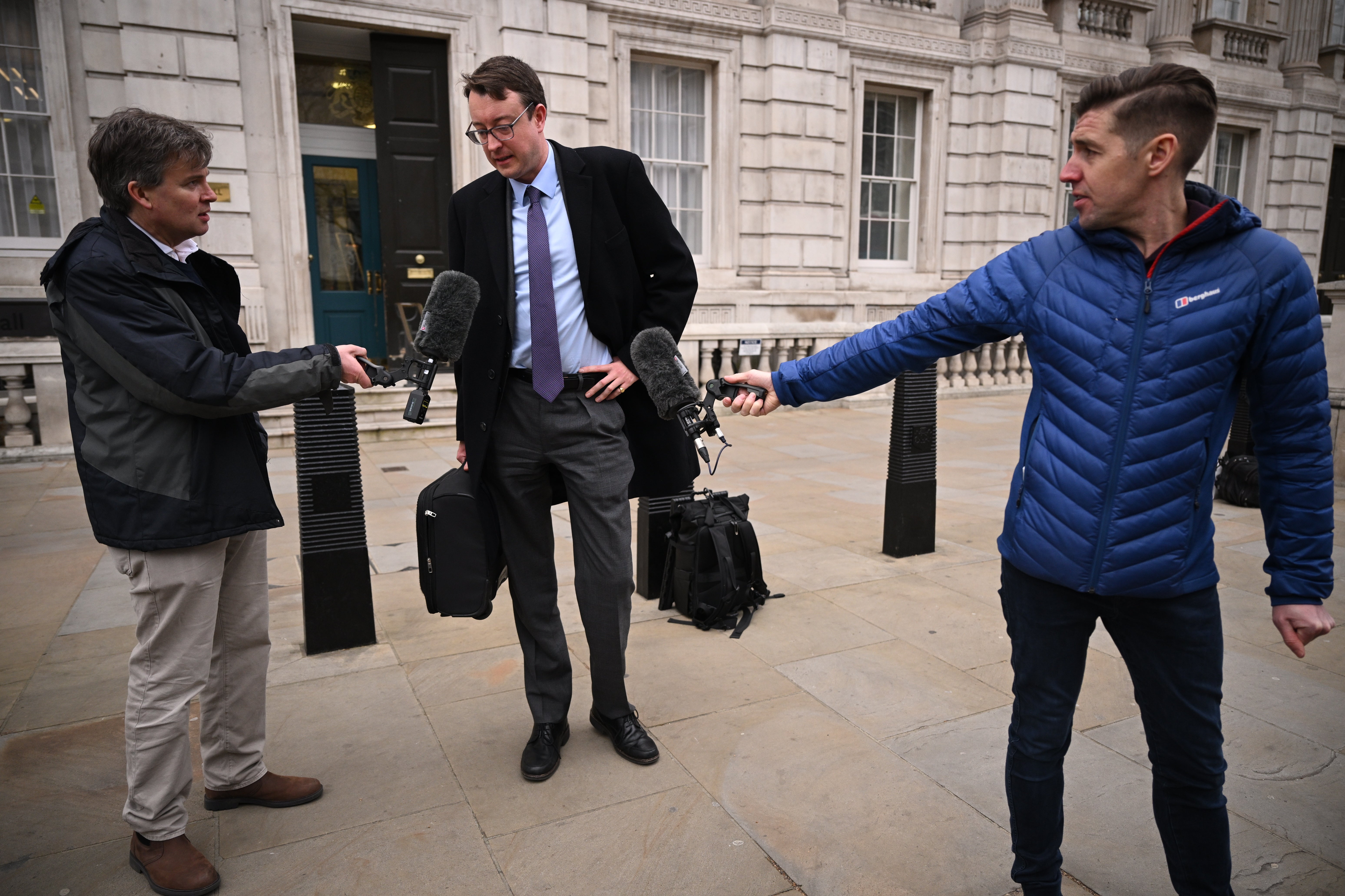 MP Simon Clarke speaks to the media after leaving cabinet office on Whitehall on February 08, 2022
