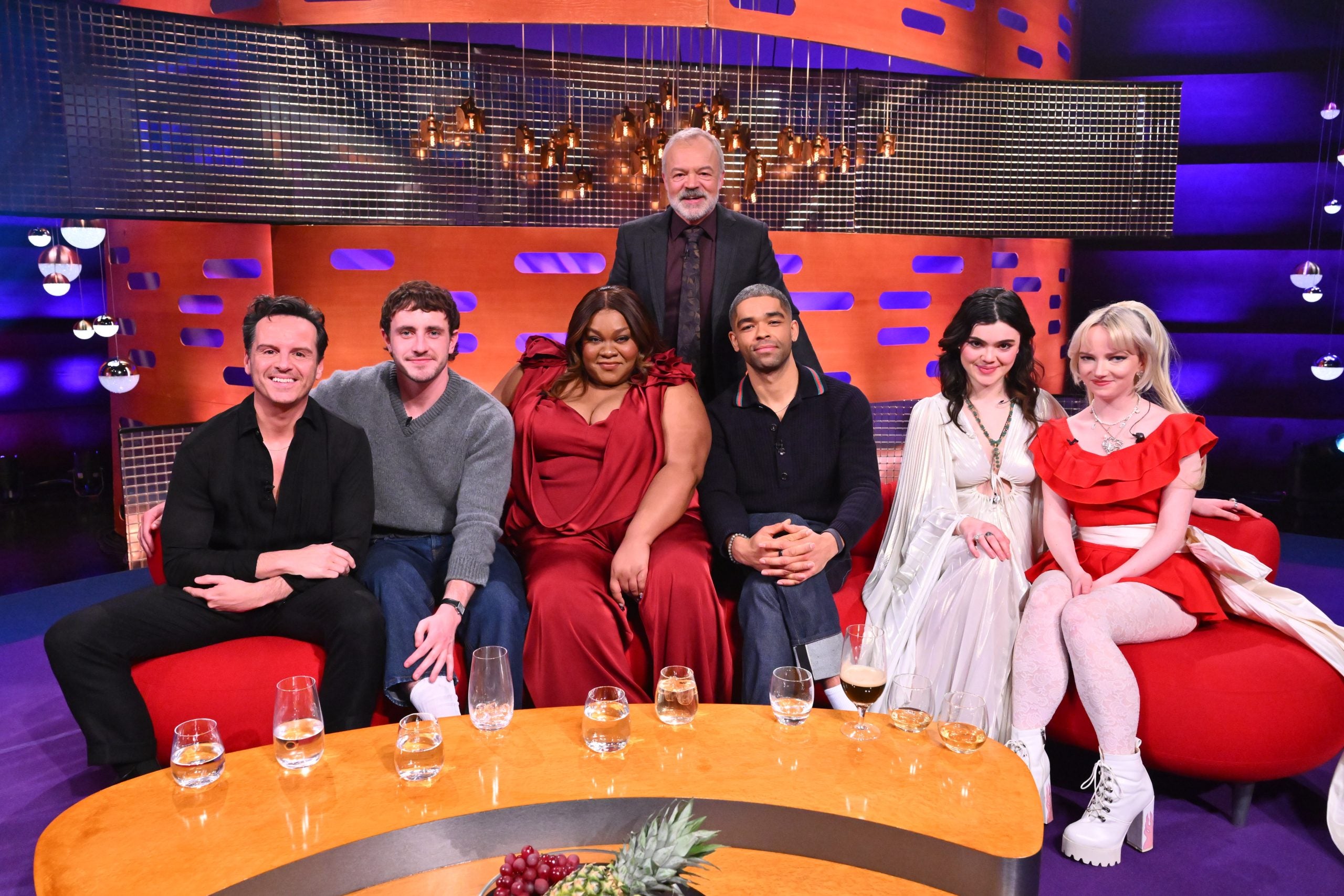 ‘Not a scoobie doo’: Graham Norton with his ‘celebrity’ guests Andrew Scott, Paul Mescal, Joy Randolph, Kingsley Ben-Adir and indie rockers The Last Dinner Party