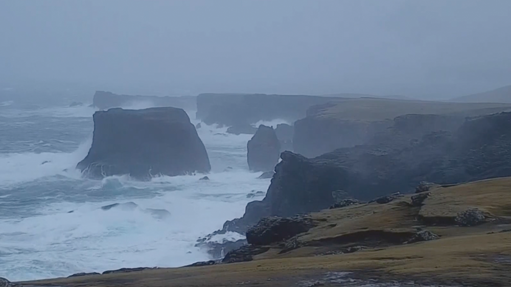 Waves batter Scotland’s Shetland Islands as Storm Jocelyn winds reach 97mph