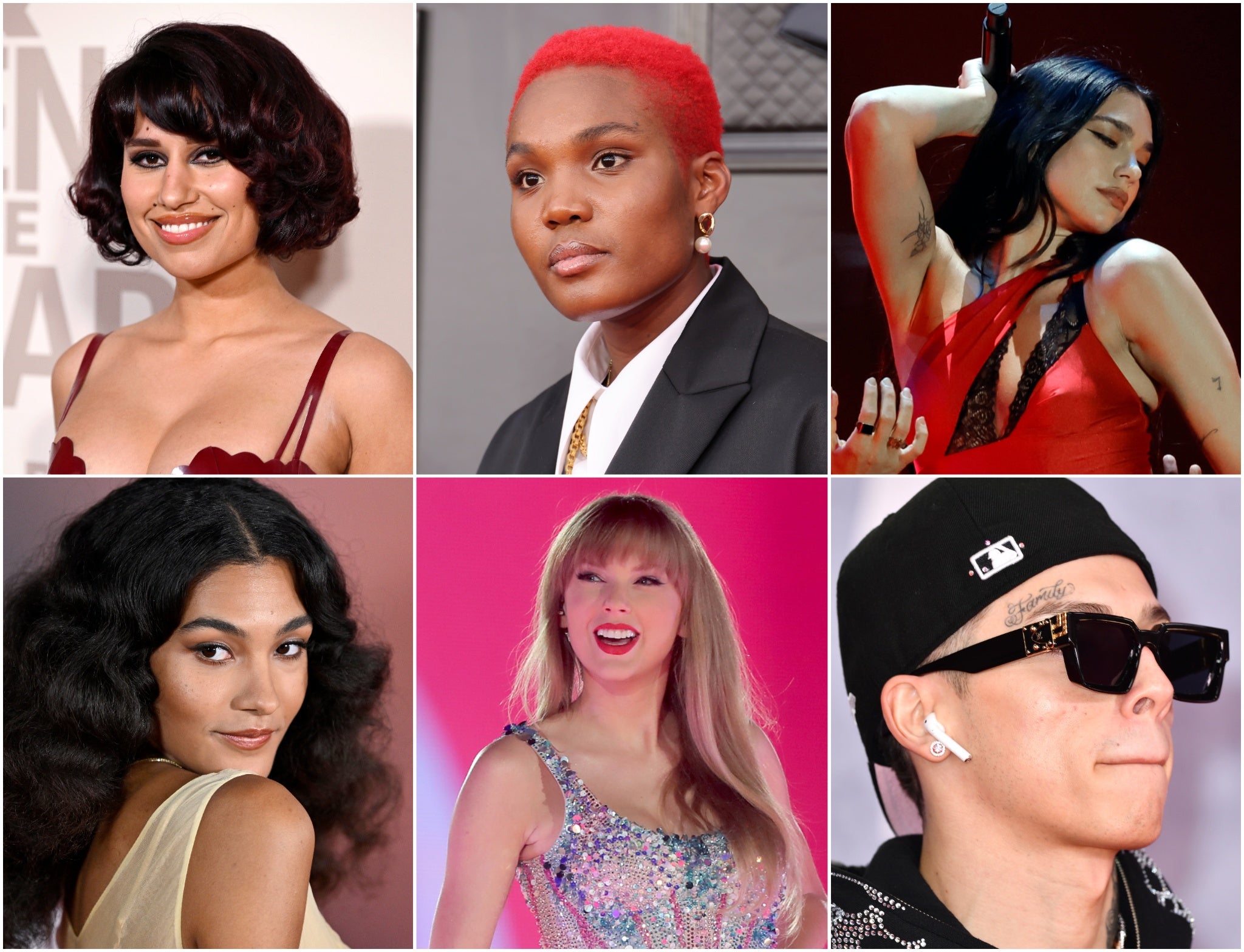 Top left clockwise: 2024 Brit nominees RAYE, Arlo Parks, Dua Lipa, Central Cee, Taylor Swift and Olivia Rodrigo