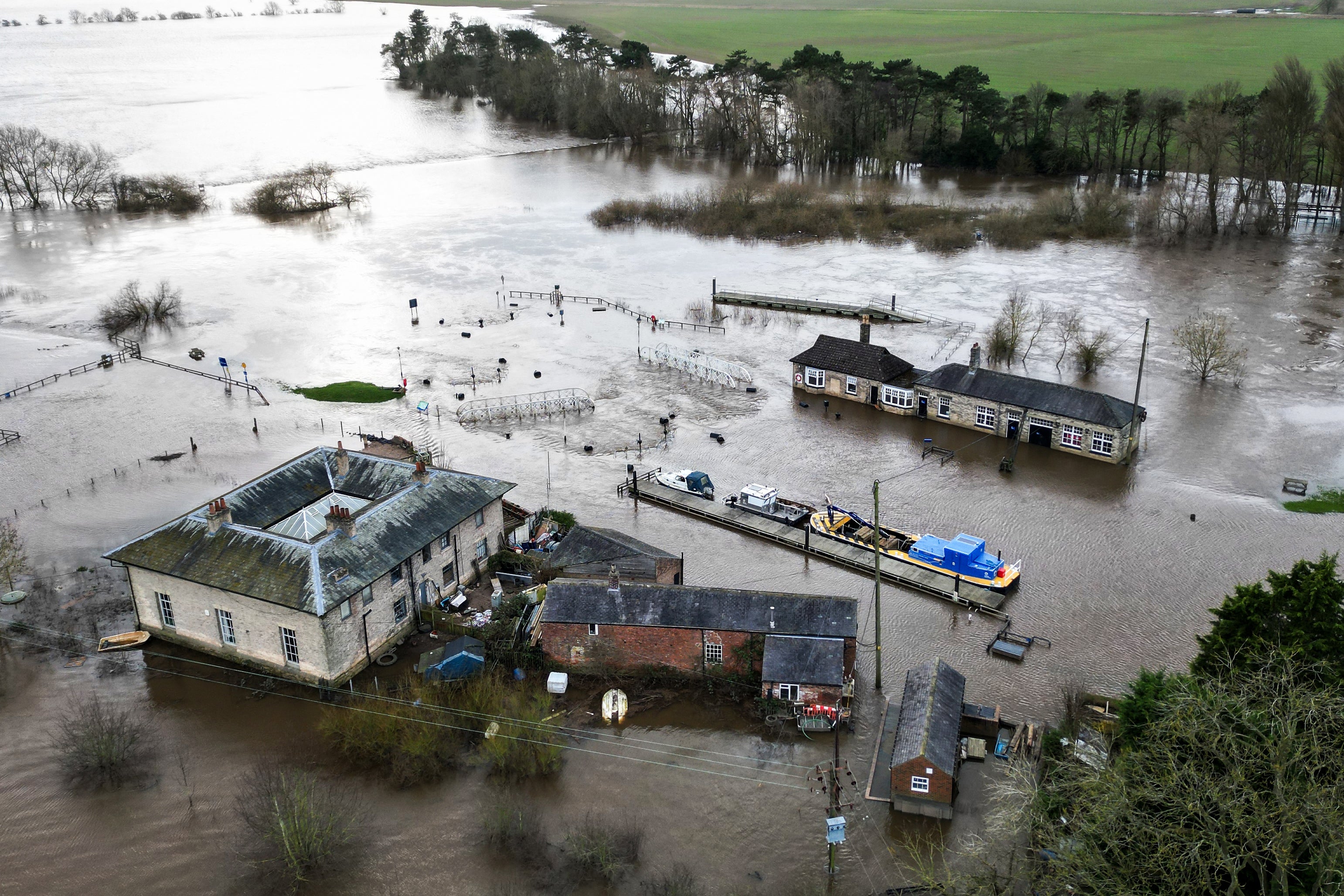 An aerial picture taken on January 24, 2024 shows the tearoom and lockhouse at Naburn Locks near York in northern England