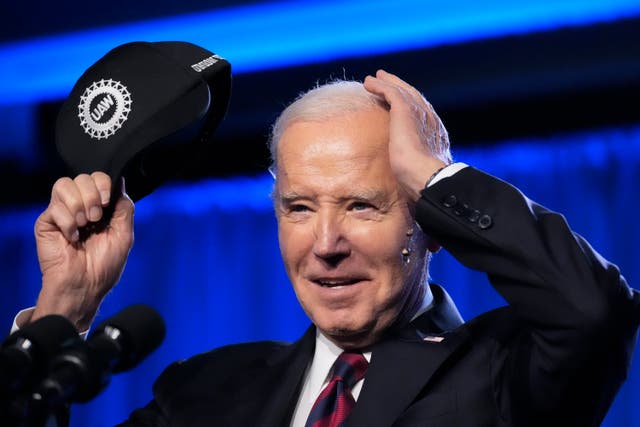 <p>Joe Biden speaks during the United Auto Workers' convention </p>