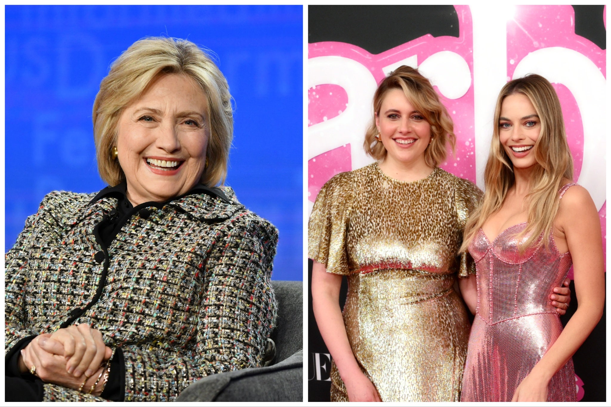 Hillary Clinton (left) sent a message of support to Barbie’s Greta Gerwig and Margot Robbie