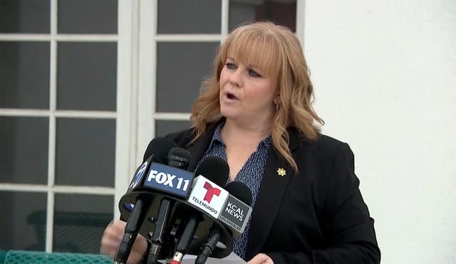 <p>San Bernardino County Sheriff’s spokesperson, Mara Rodriguez giving an update after six people were found dead in a remote area of the Mojave desert last week </p>