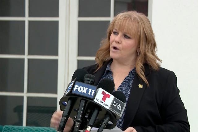 <p>San Bernardino County Sheriff’s spokesperson, Mara Rodriguez giving an update after six people were found dead in a remote area of the Mojave desert last week </p>