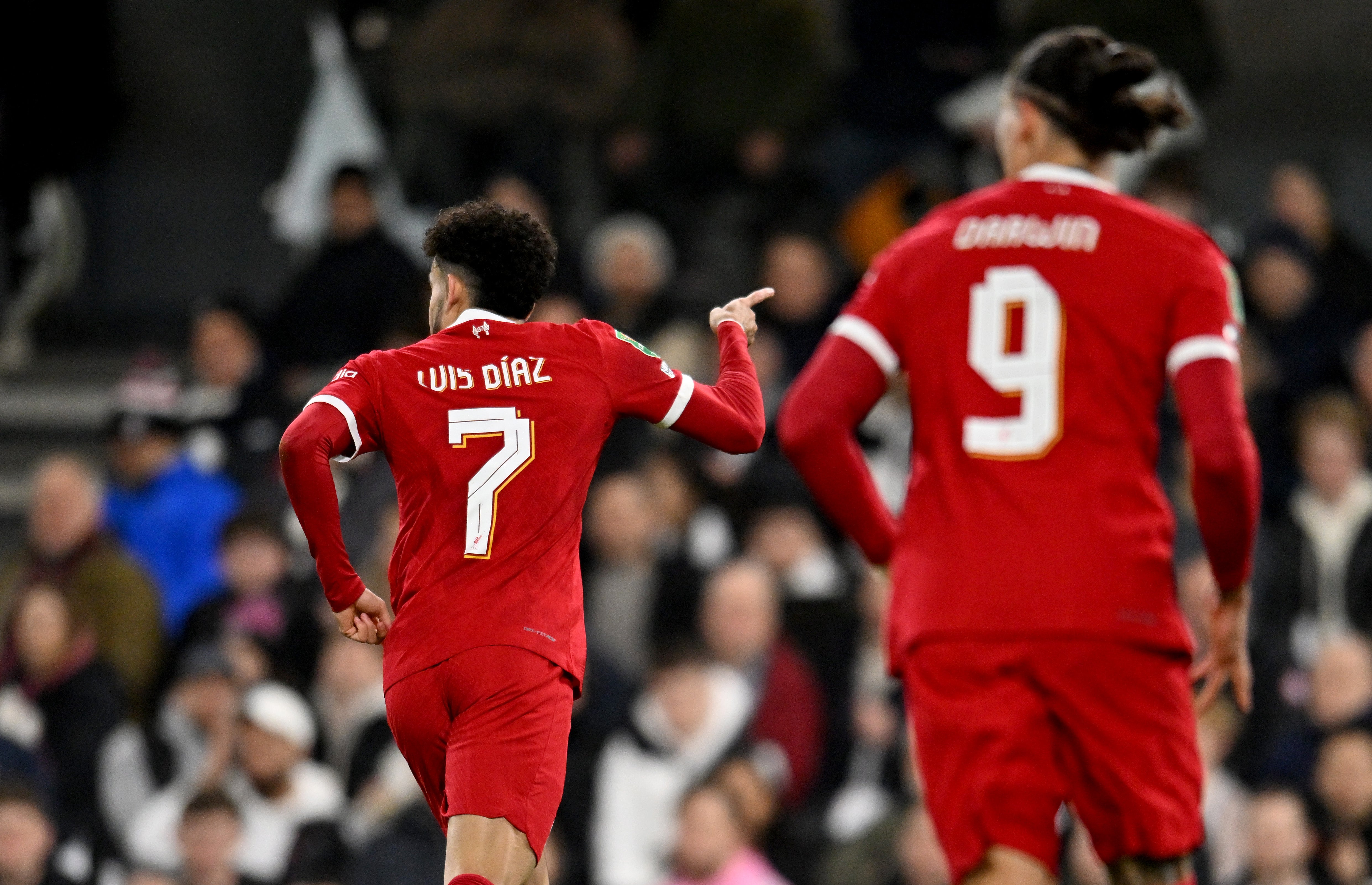Luis Diaz celebrates scoring for Liverpool at Fulham