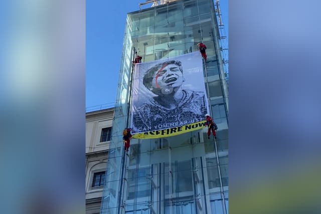 <p>Greenpeace activists unfurl banner at Madrid museum to demand Gaza ceasefire</p>