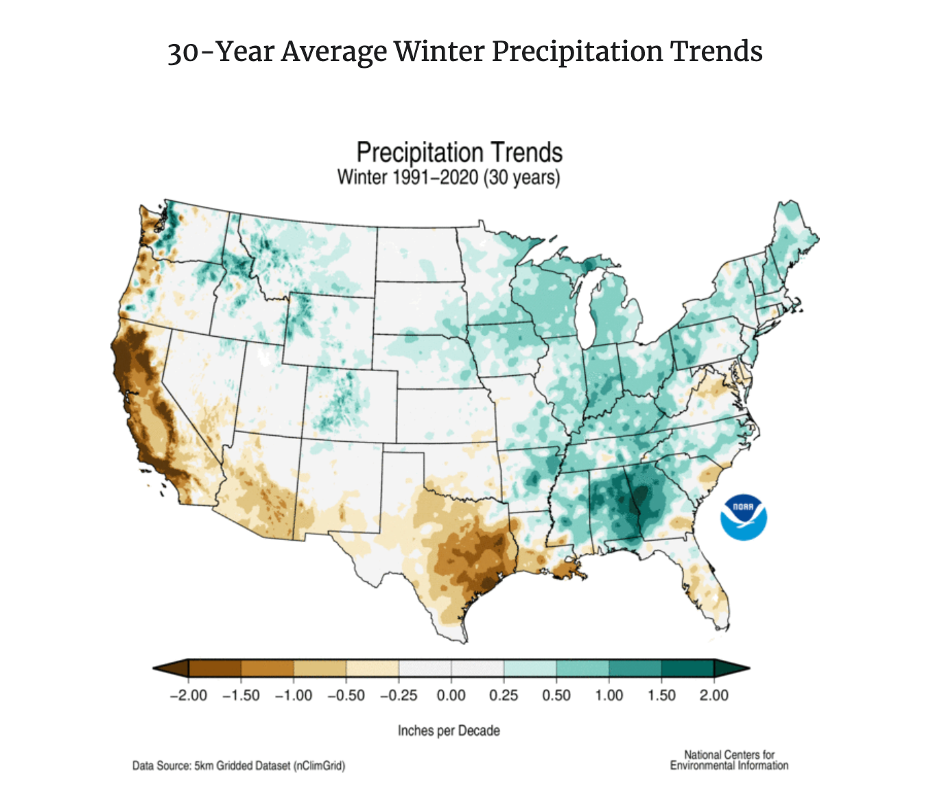 How precipitation levels have changed in winter over the past 30 years in the United States