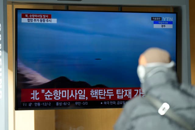 <p>A TV screen shows a report of North Korea’s cruise missiles with file footage during a news program at the Seoul Railway Station in Seoul, South Korea, Wednesday, 24 January 2024</p>
