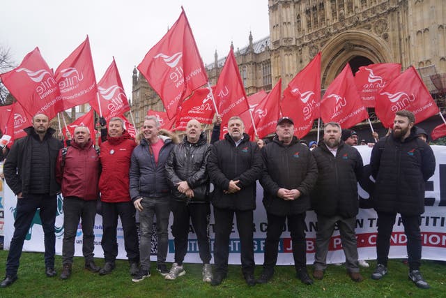 Workers from Tata’s Port Talbot steelworks gather at College Green, in Westminster, London, following the announcement that Tata is planning to close blast furnaces at the country’s biggest steel plant in South Wales (Lucy North/PA)