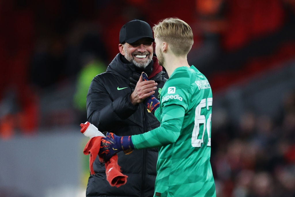 Jurgen Klopp congratulates Kelleher after reaching this year’s Carabao Cup final