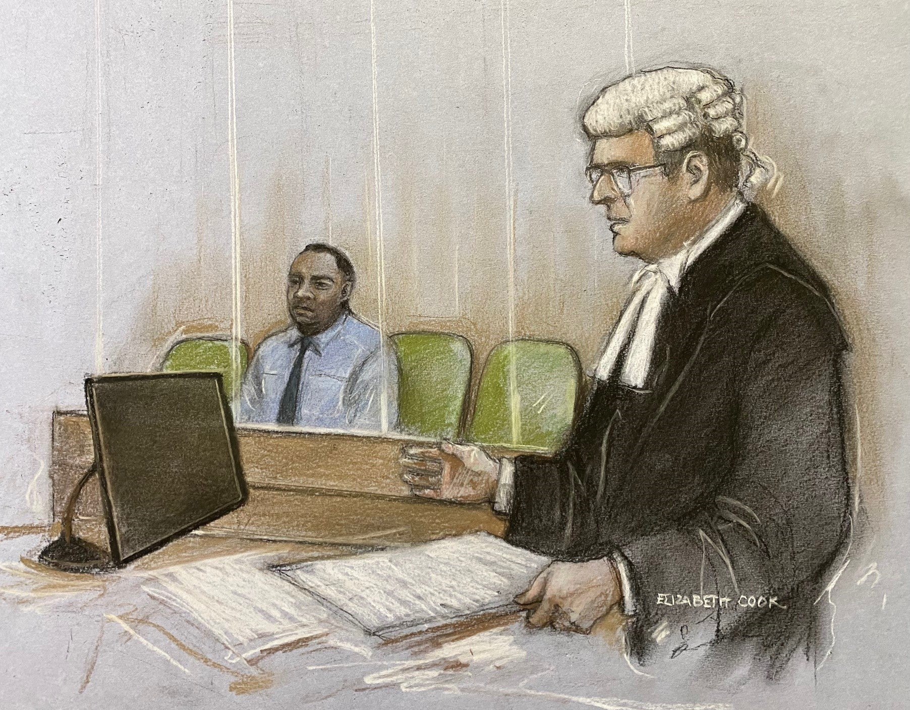 Courts artist sketch of prosecutor Tom Little KC making his opening statement watched by Gordon at the Old Bailey