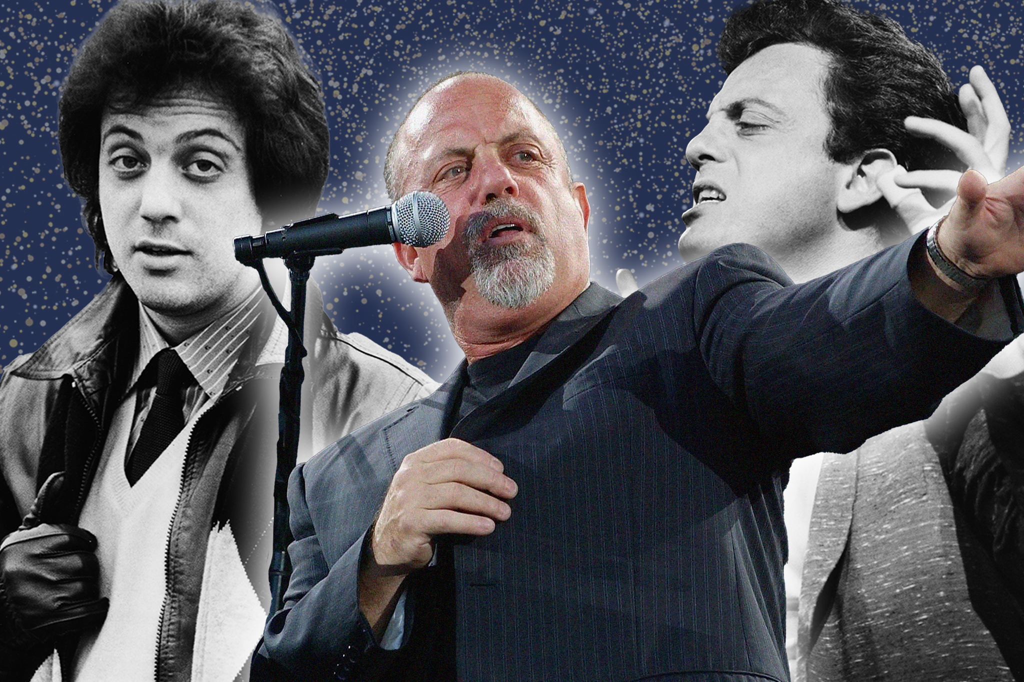 Billy Joel, pictured here through the years, has always been his own harshest critic, with no interest in that traditional rock star pursuit of self-mythologising
