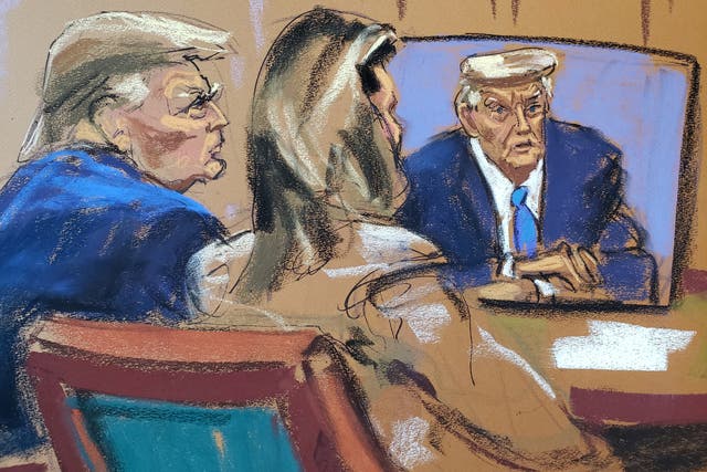 <p>Donald Trump watches his earlier taped deposition during E Jean Carroll’s defamation trial in federal court on 25 January. </p>