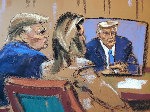 <p>Donald Trump watches his earlier taped deposition during E Jean Carroll’s defamation trial in federal court on 25 January. </p>