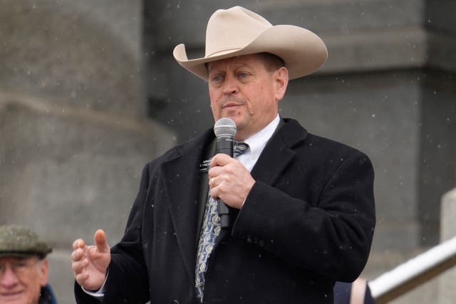 <p>Mike Lynch, Colorado House of Representatives minority leader, R-Wellington, addresses attendees during a rally</p>