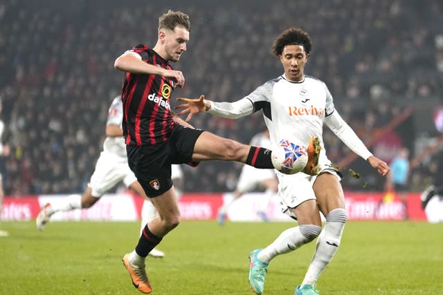 Bournemouth’s David Brooks (left) and Swansea City’s Bashir Humphreys battle for the ball during the Emirates FA Cup Fourth Round at the Vitality Stadium, Bournemouth. Picture date: Wednesday January 25, 2024.