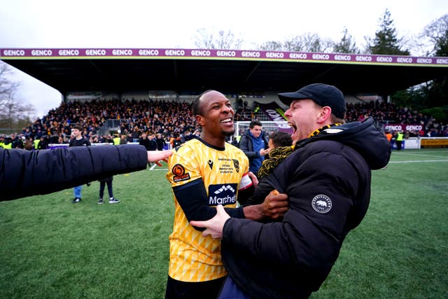 Maidstone United’s Gavin Hoyte celebrates on the pitch after the win against Stevenage (PA)
