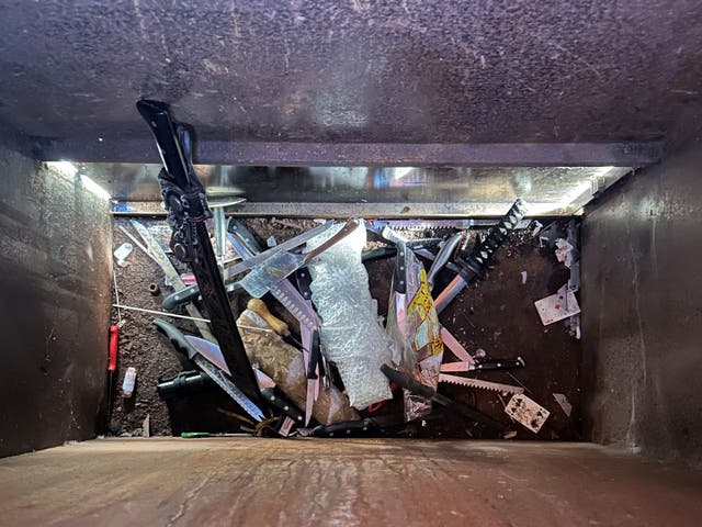 <p>The contents of a knife amnesty bin outside Chelmsford Crown Court in Essex</p>