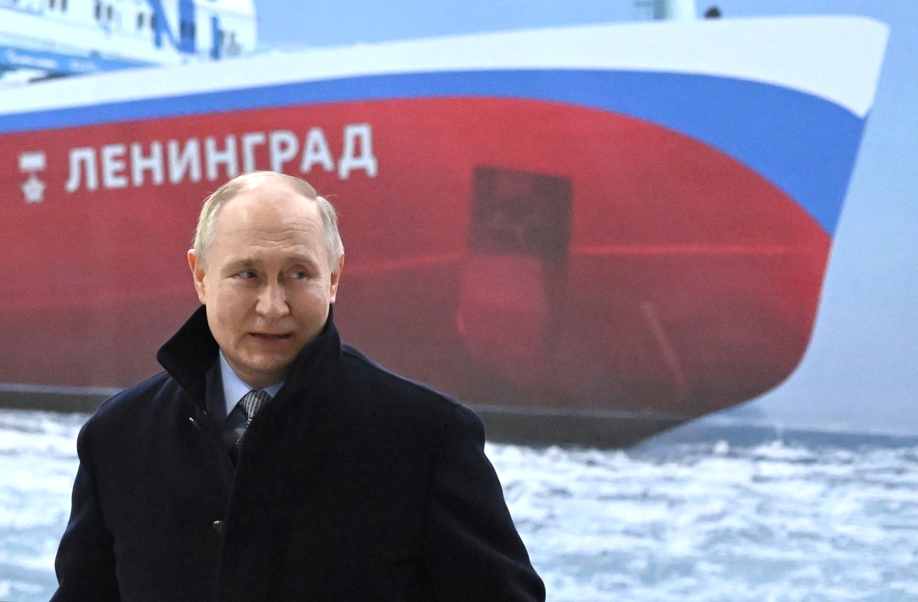 Russian President Vladimir Putin attends a keel laying ceremony for the 5th nuclear-powered icebreaker Leningrad (Project 22220) at the Baltiysky Shipyard in St. Petersburg, Russia, Friday, Jan.26, 2024