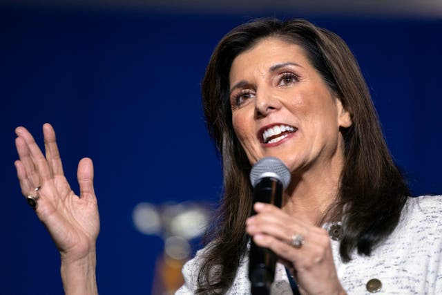 <p>Republican presidential candidate and former UN ambassador Nikki Haley speaks during a campaign event at the North Charleston Coliseum</p>