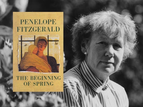 Penelope Fitzgerald in 1990 and the first edition cover of her novel