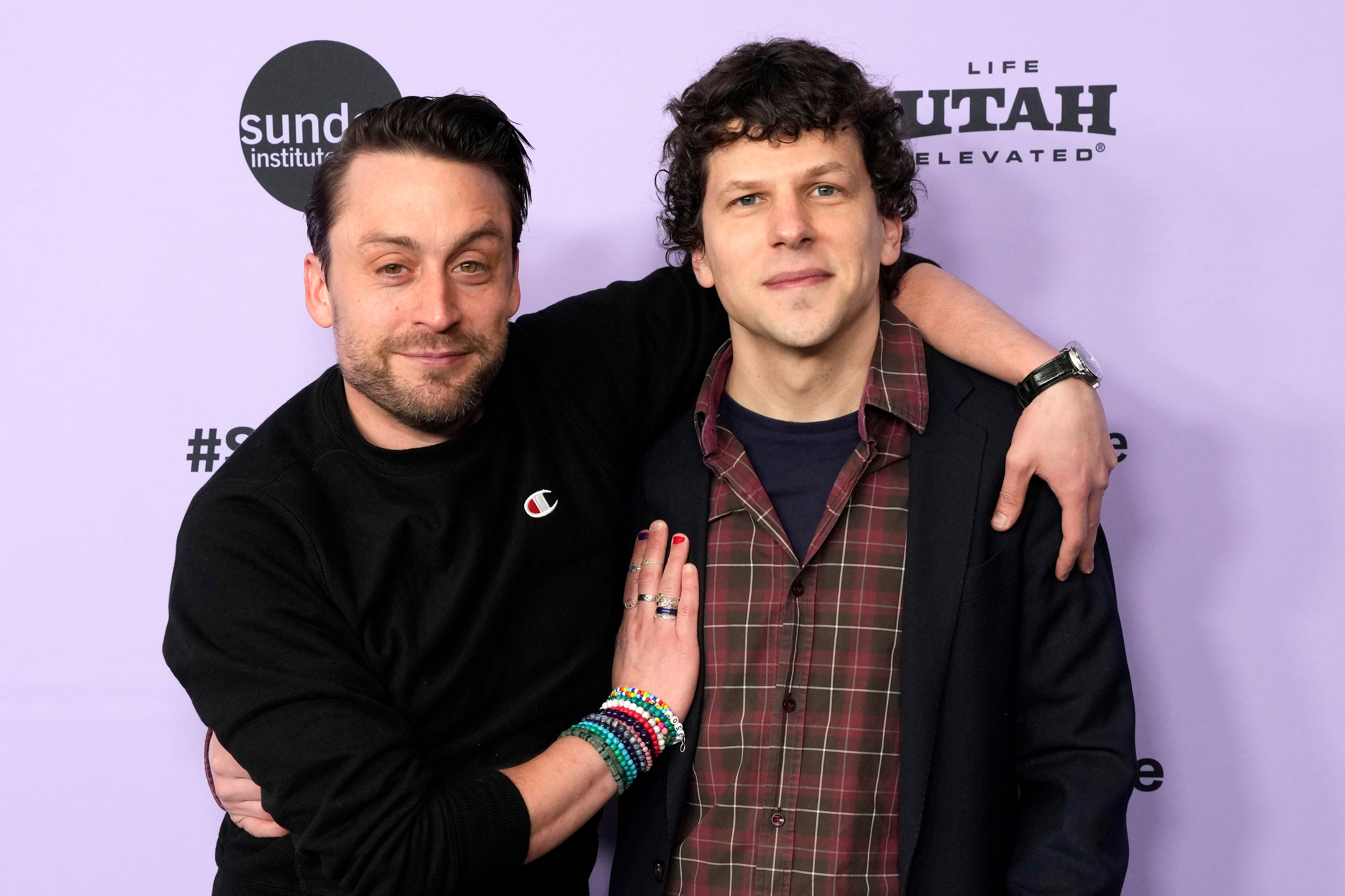 Kieran Culkin, left, and Jesse Eisenberg attend the premiere of “A Real Pain” at the Eccles Theatre