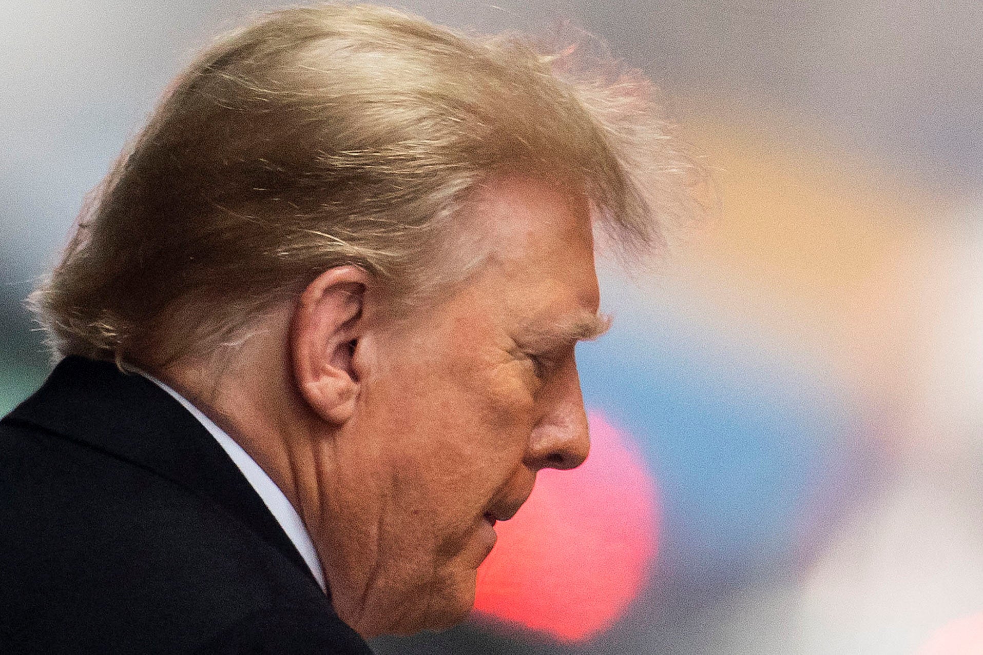 Donald Trump is pictured leaving a federal courthouse in Manhattan during a trial to determine damages owed to E Jean Carroll for his defamatary statements.