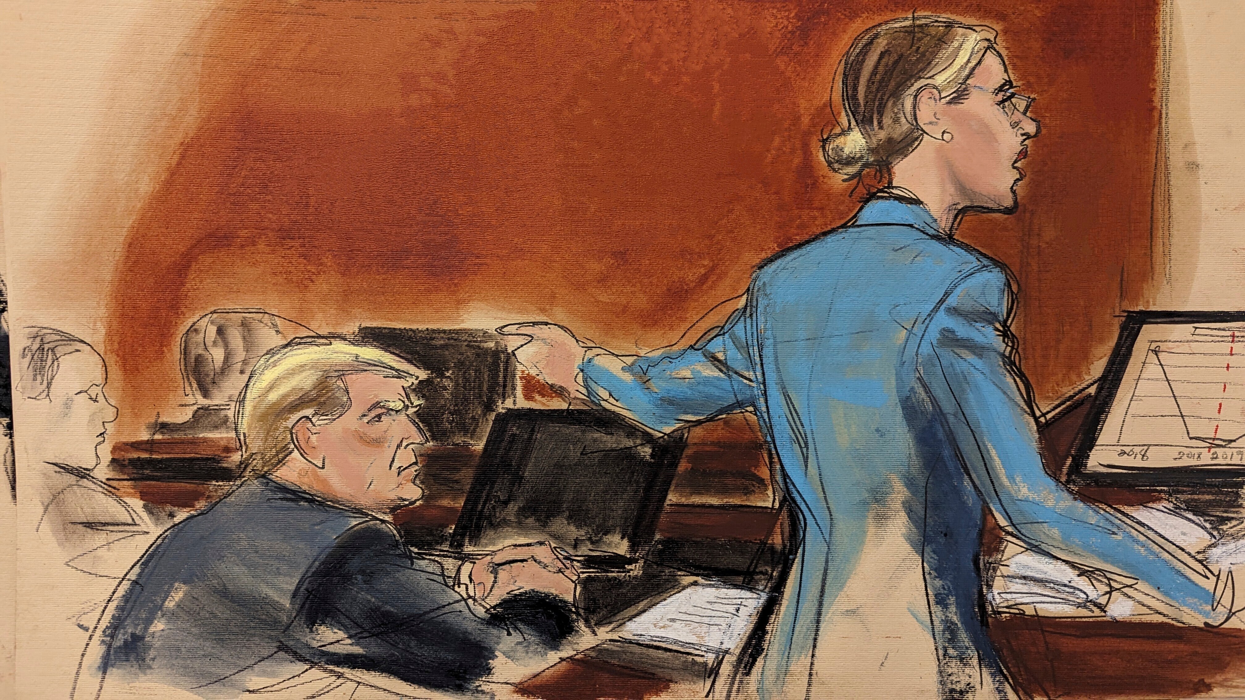A courtroom sketch depicts Donald Trump’s attorney Alina Habba delivering her closing arguments to the jury on 26 January in a defamation trial targeting the former president, left, for damages for his defamatory statements about E Jean Carroll.