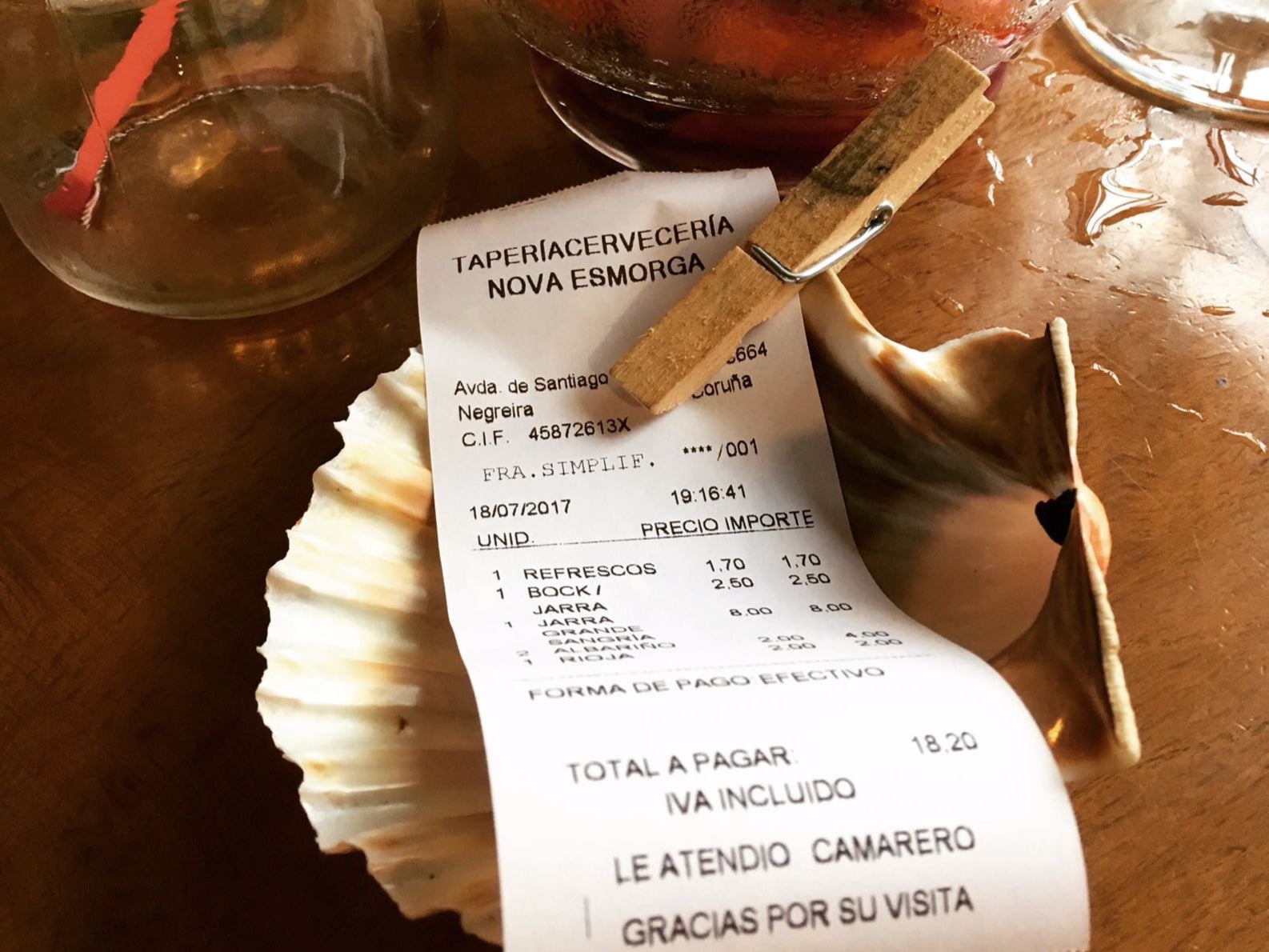 Shelling out: a bill at a (very good) bar on the Camino from Santiago to Finisterre in Spain