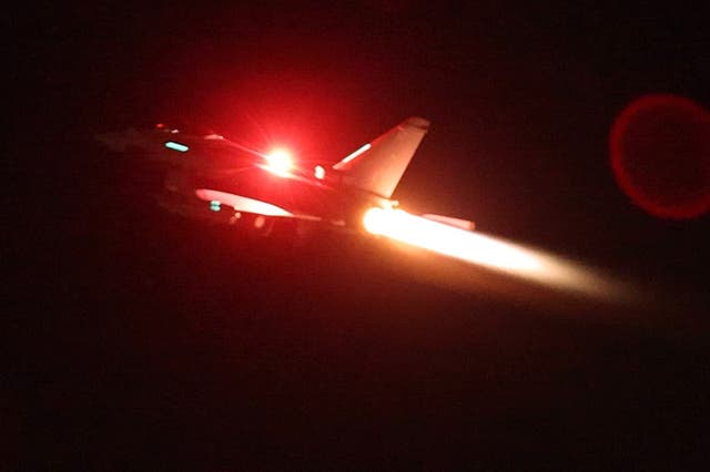 <p>An RAF Typhoon aircraft takes off from RAF Akrotiri to join the US-led coalition to conduct air strikes against Yemen’s Houthi rebels in Akrotiri, Cyprus on 14 January </p>
