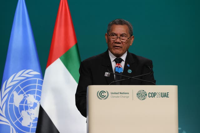 <p>Kausea Natano, prime minister of Tuvalu, speaks during day two of the high-level segment of the UNFCCC COP28 Climate Conference at Expo City Dubai</p>