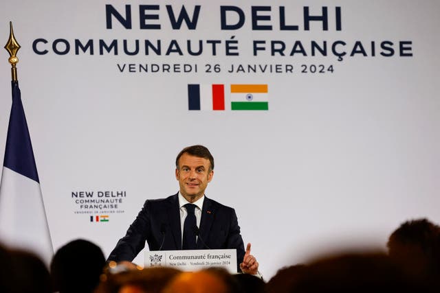 <p>France’s president Emmanuel Macron attends the French community meeting at the French Embassy in New Delhi</p>